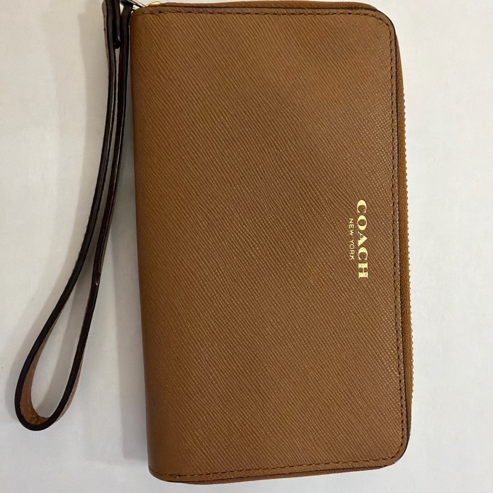 Coach Saddle Saffiano Leather Zip Wristlet Wallet Brown - Picture 2 of 5
